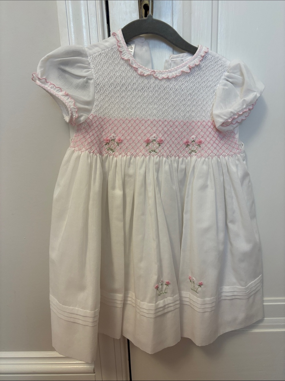 Sarah Louise White and Pink Smocked Girls' Formal Dress with Floral Embroidery